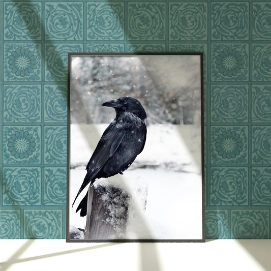 a black bird sitting on top of a wooden post