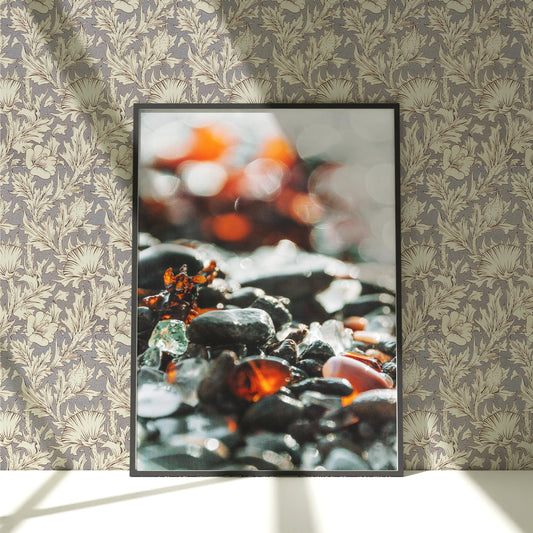 a picture of a picture of rocks and leaves on a wall