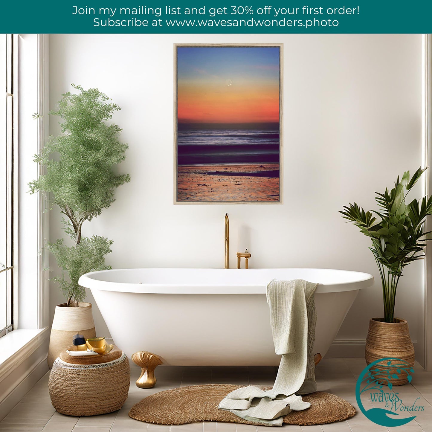 a bathroom with a bathtub, rug and potted plant