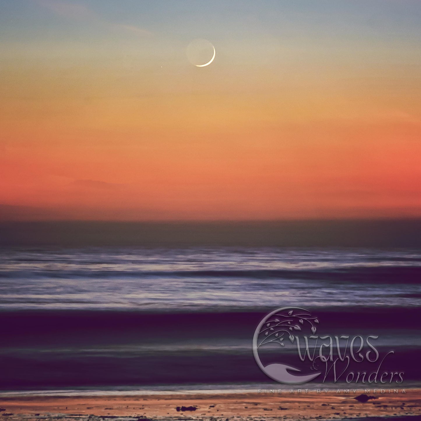 a sunset over the ocean with the moon in the sky