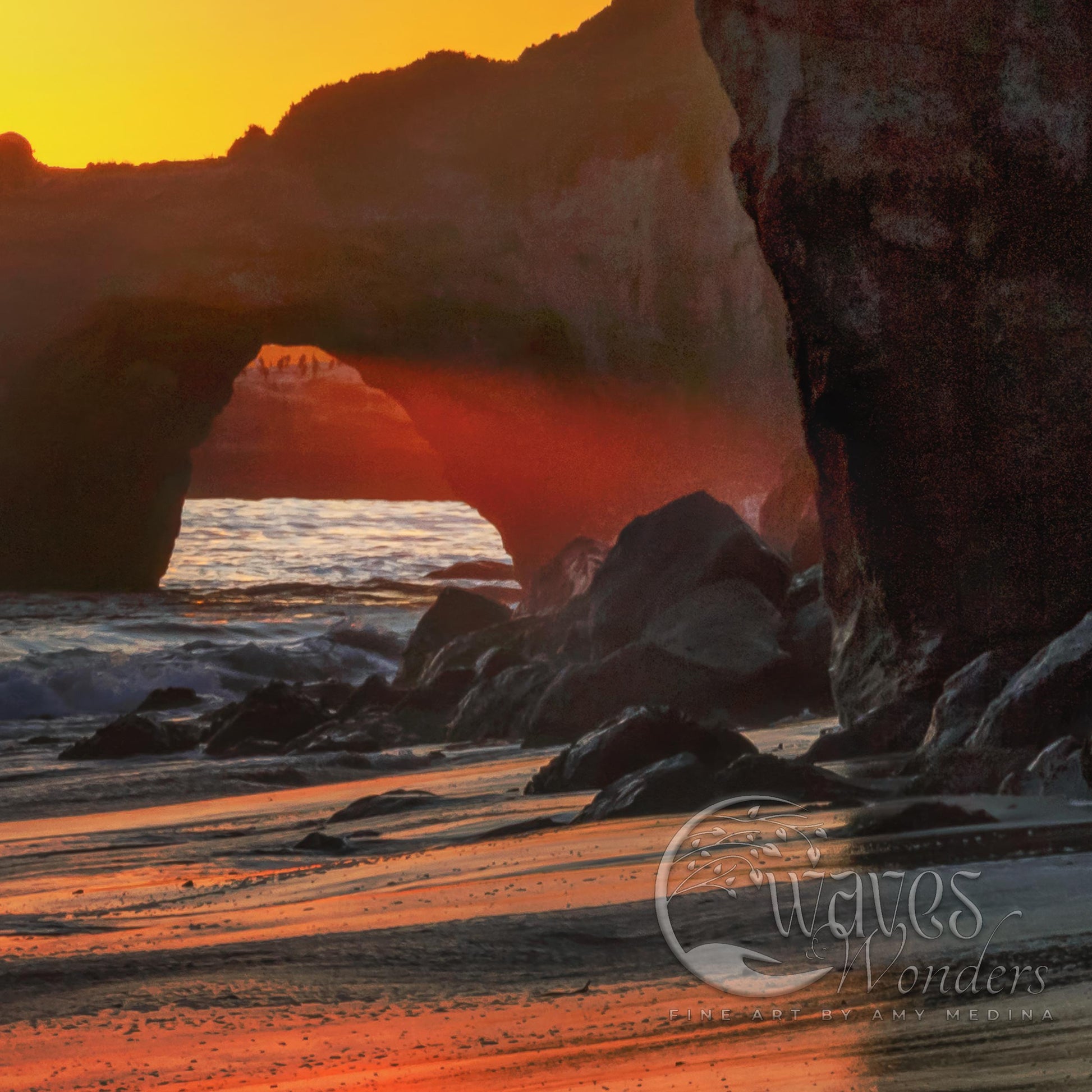 the sun is setting over the ocean and rocks