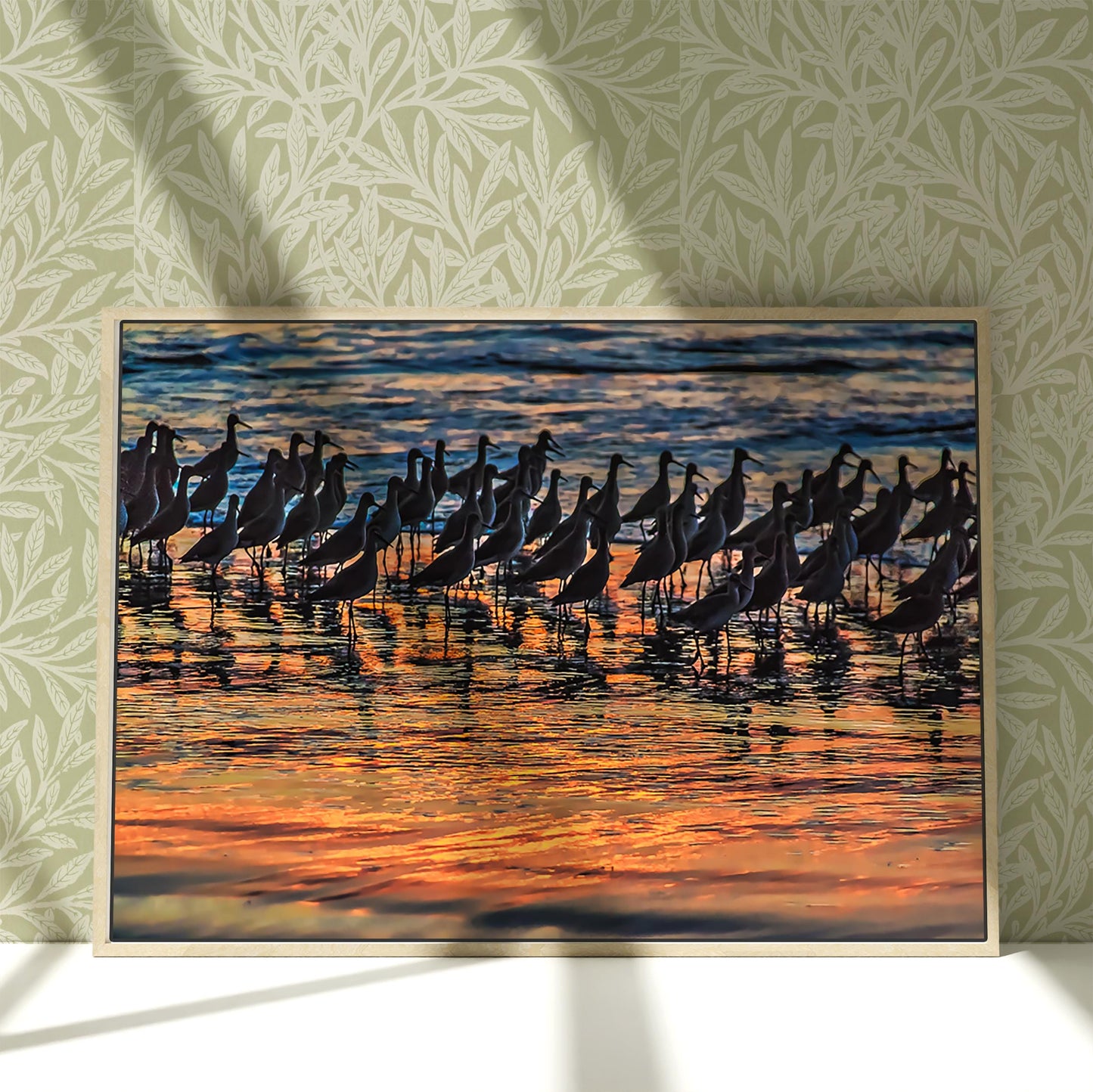 a painting of a flock of birds standing in the water