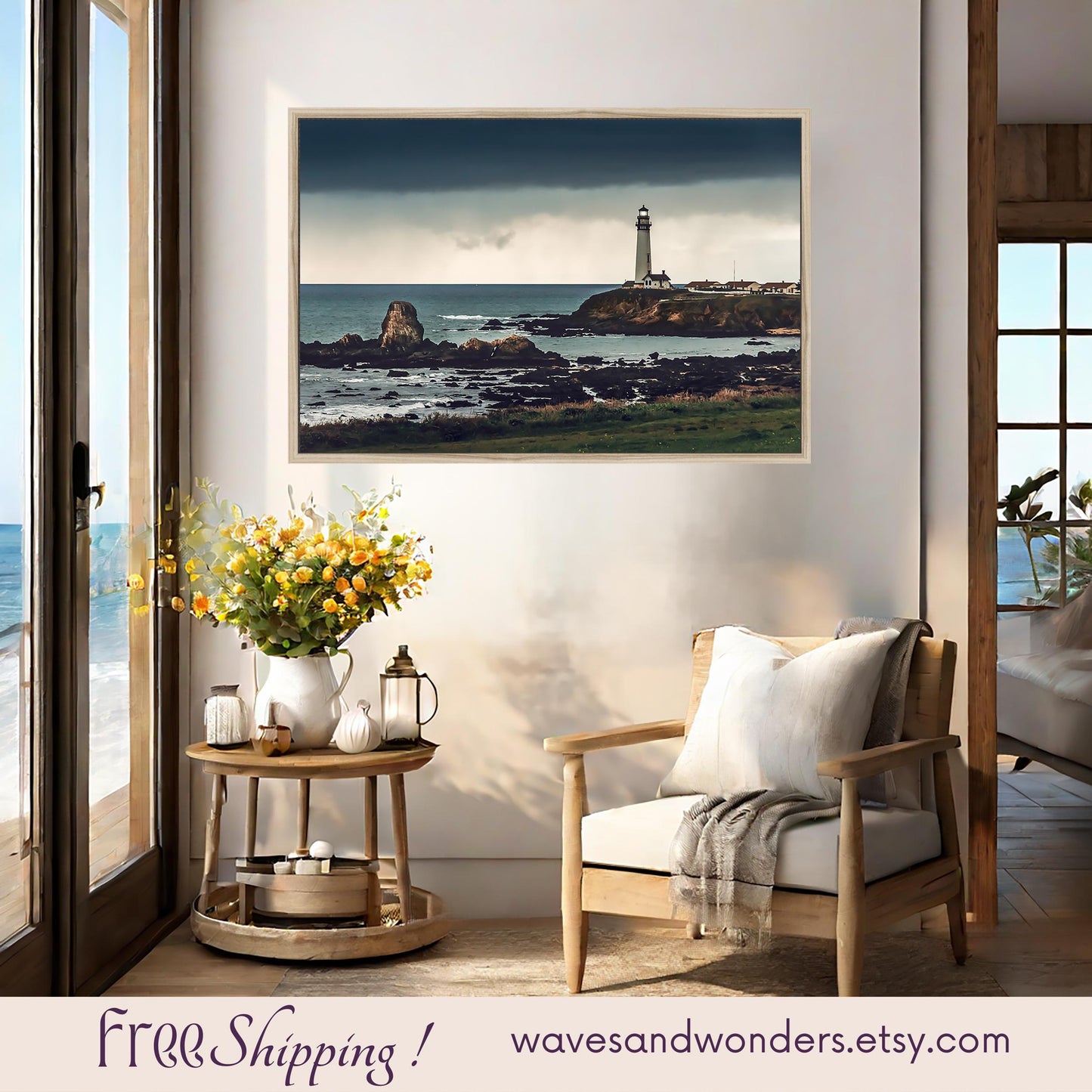 a living room with a painting of a lighthouse on the wall