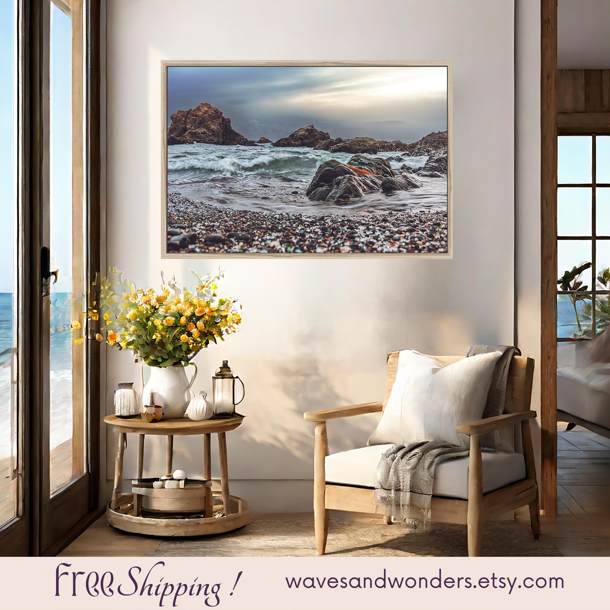 a living room scene with focus on the ocean