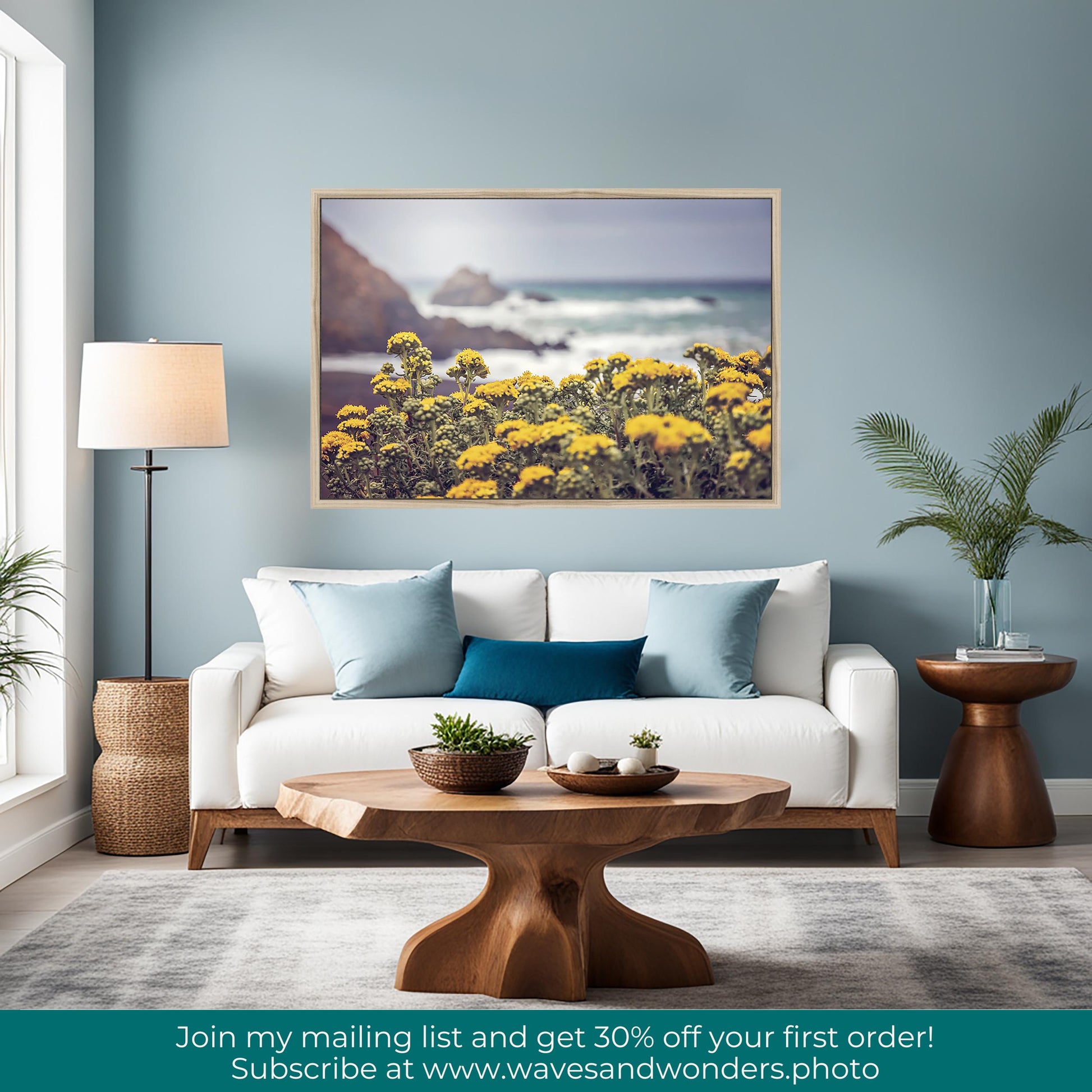 a living room with blue walls and a white couch