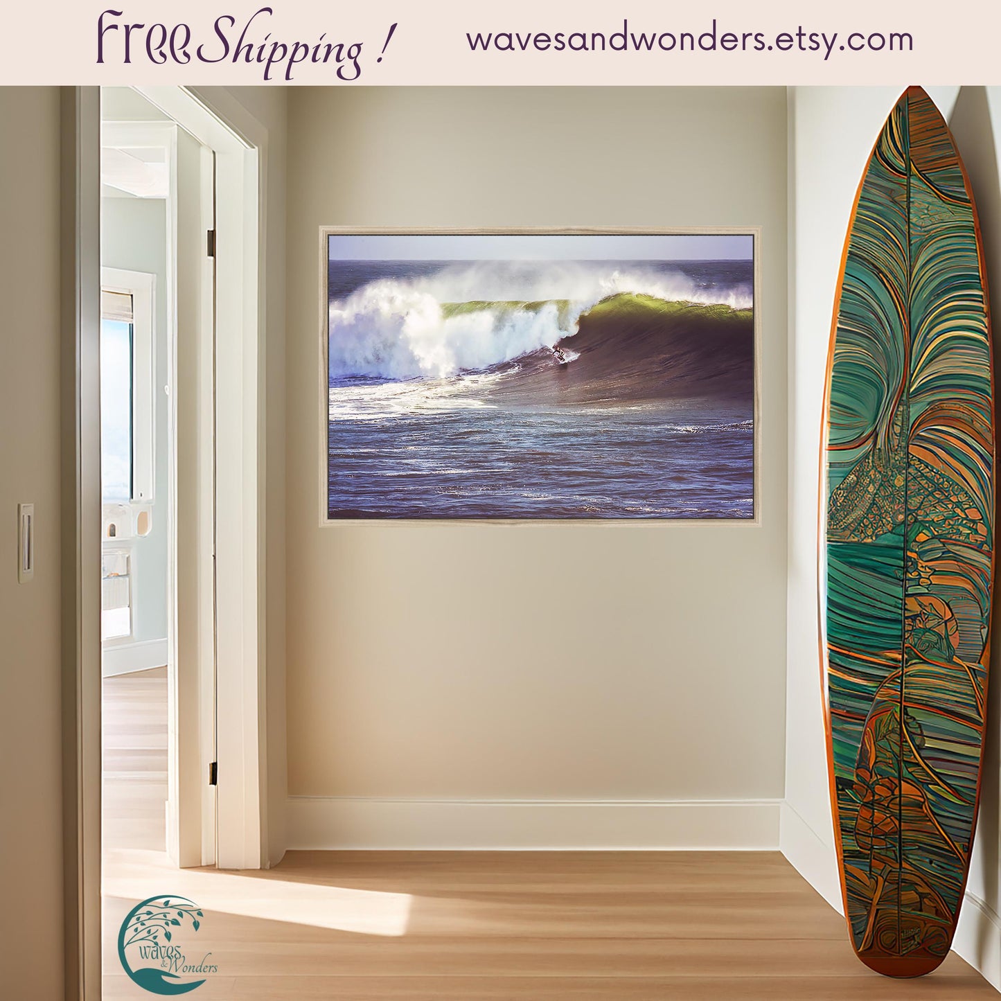 a surfboard leaning against a wall in a room