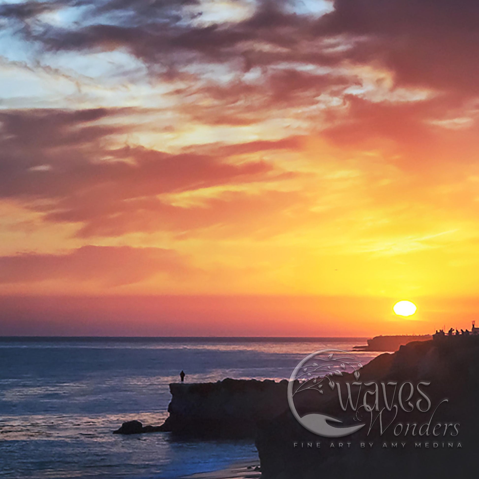 the sun is setting over the ocean with a lighthouse in the foreground