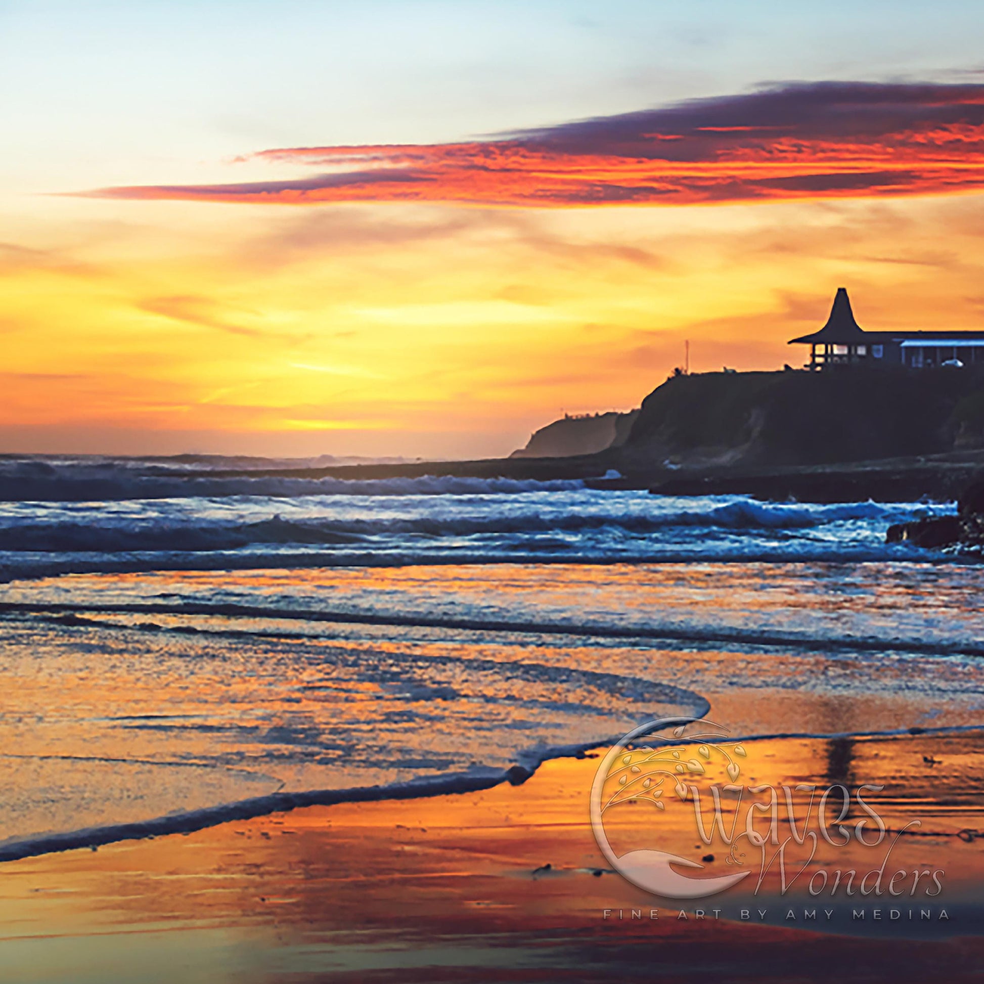 a sunset view of a beach with a lighthouse in the distance