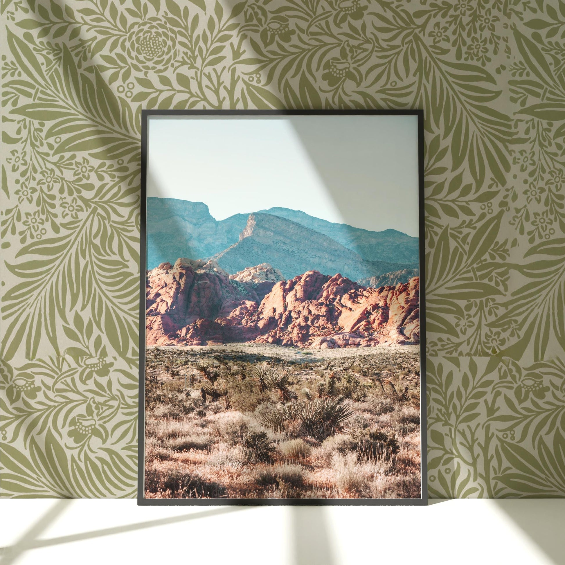 a picture frame hanging on a wall above a desert landscape