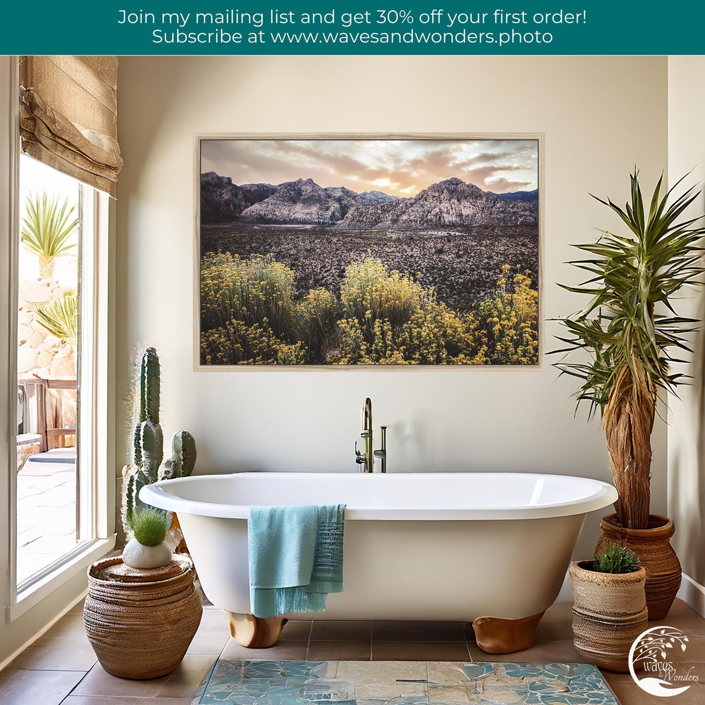 a bathroom with a tub and a painting on the wall