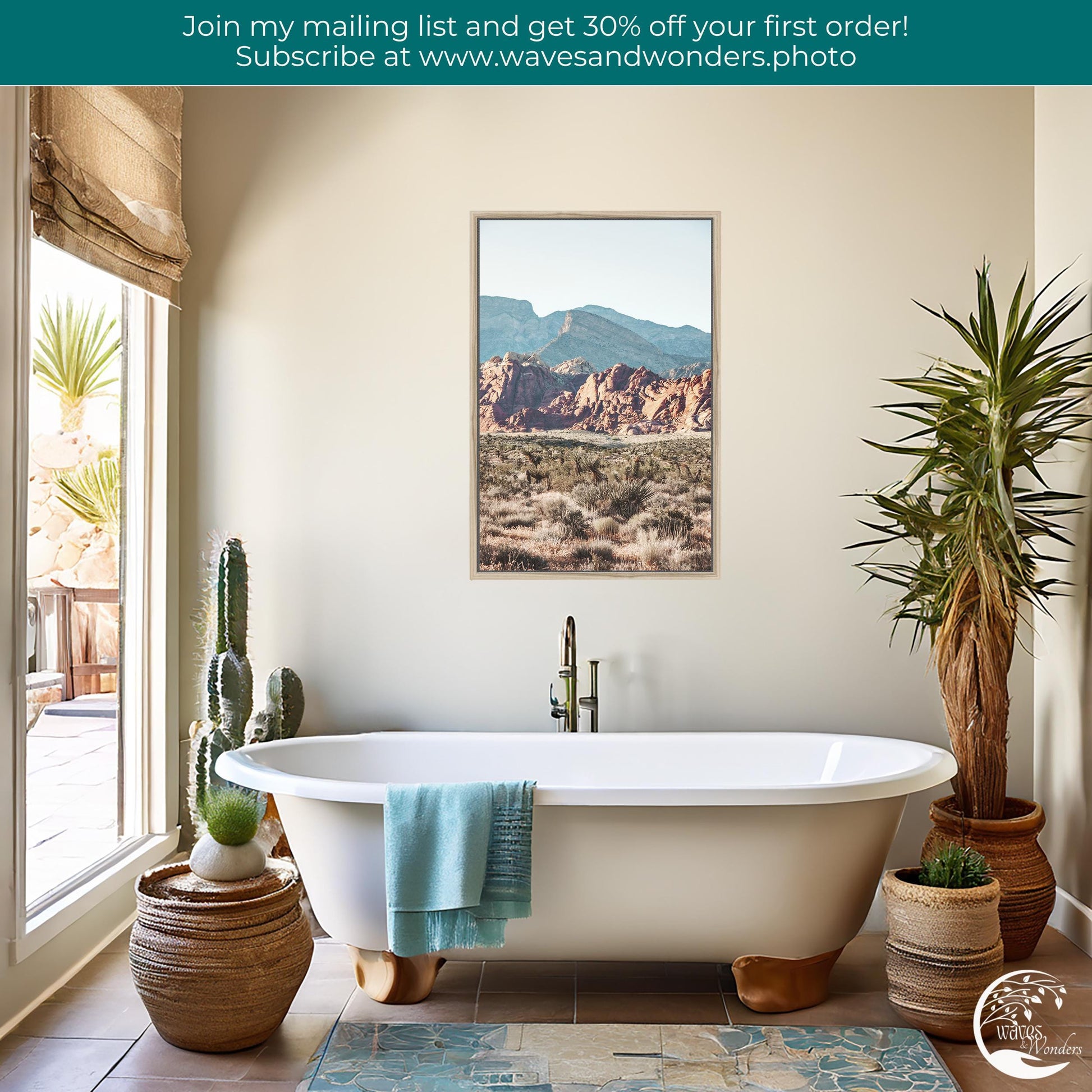 a bathroom with a tub and a cactus in it