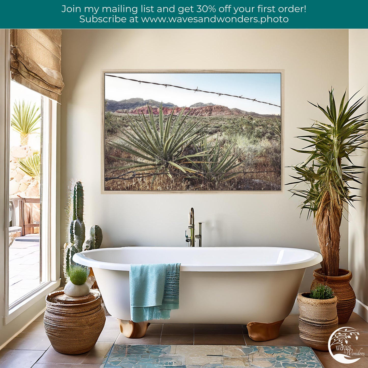 a bathroom with a tub and a cactus in it