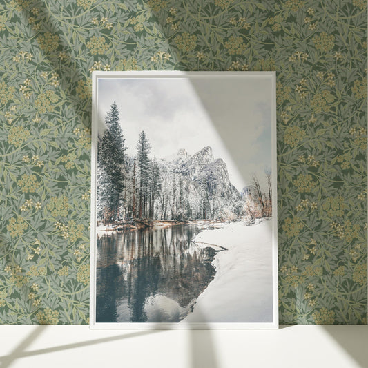 a picture of a snowy mountain with a lake in the foreground