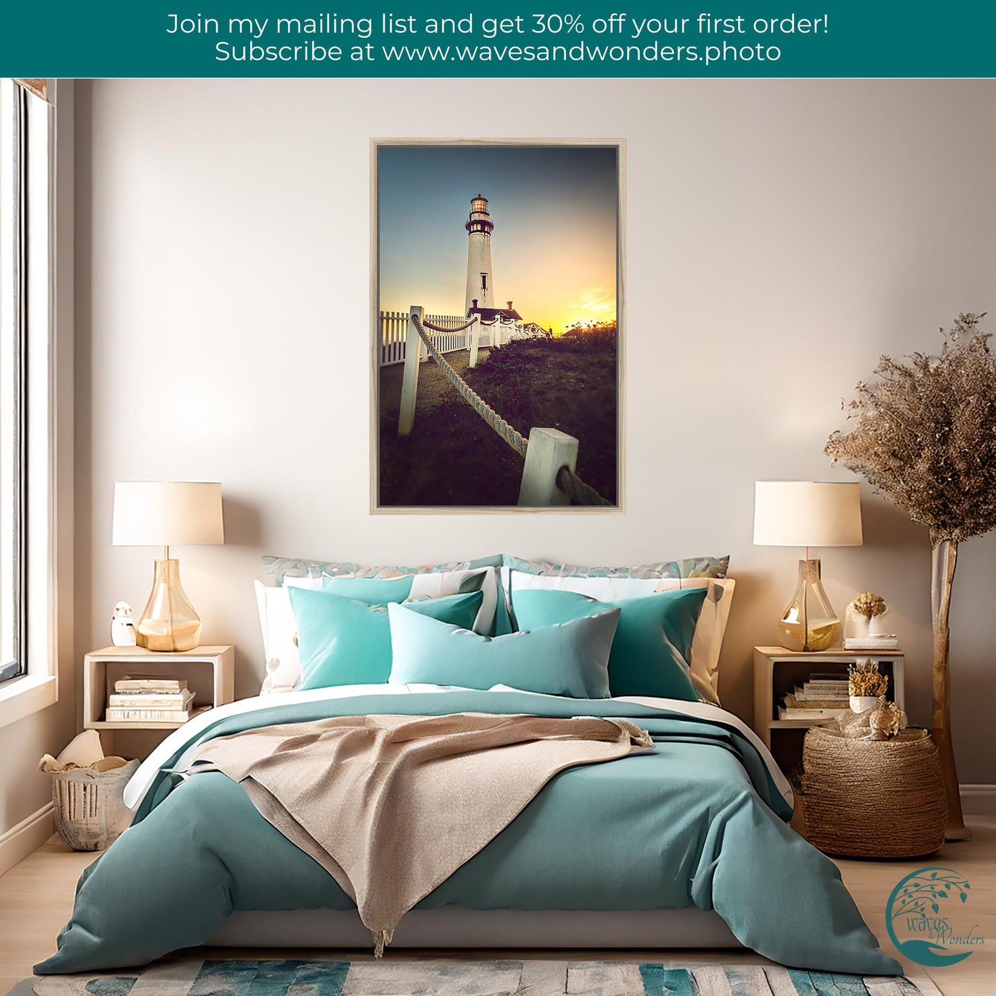 a bedroom with a picture of a lighthouse on the wall