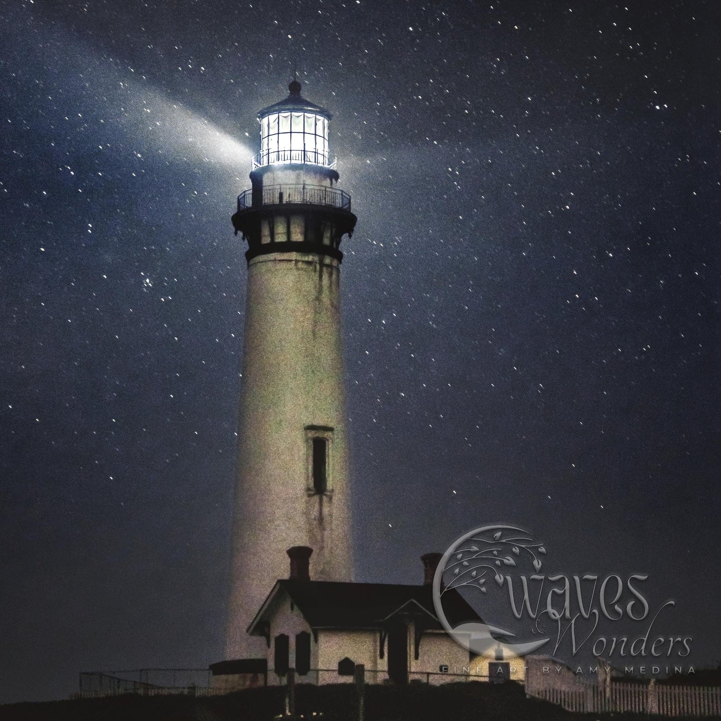 a lighthouse under a night sky filled with stars