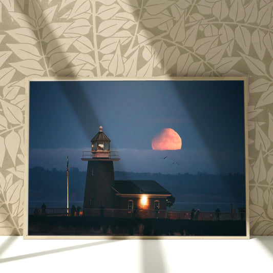 Santa Cruz Lighthouse Lunar Eclipse Print- California Coast Super Moon Photography, Moody Dark Dramatic Wall Art, Nautical Wall Decor Gift